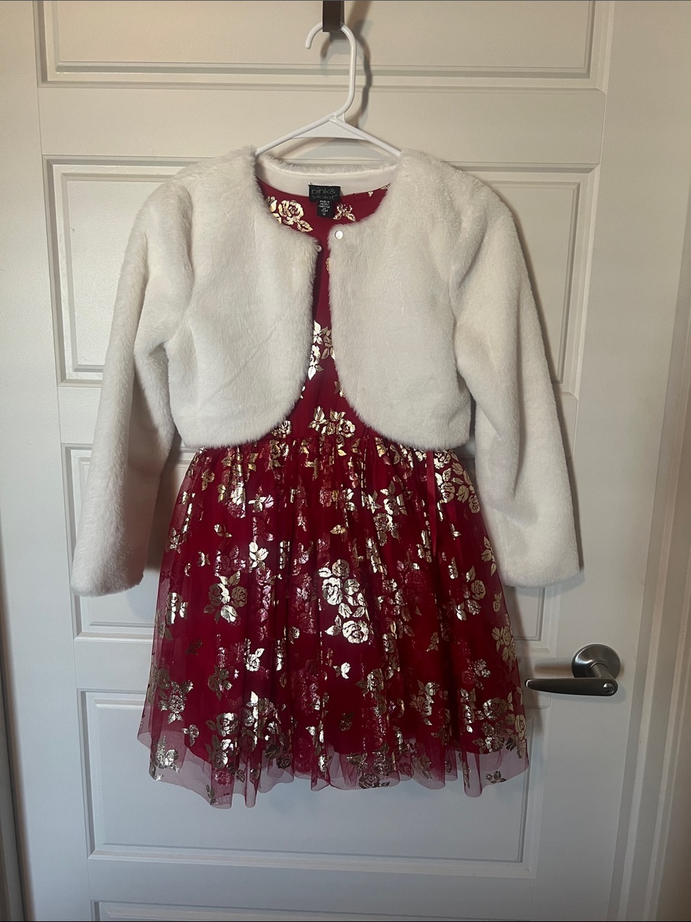 Carter's Girls' Red Metallic Floral Tulle Dress with Cream Faux-Fur Bolero